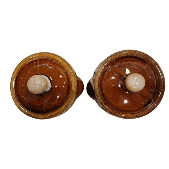 Vintage Brown Glazed Ceramic Soup Bowls With Lids - Handcrafted Drip Design - Picture 2 of 7